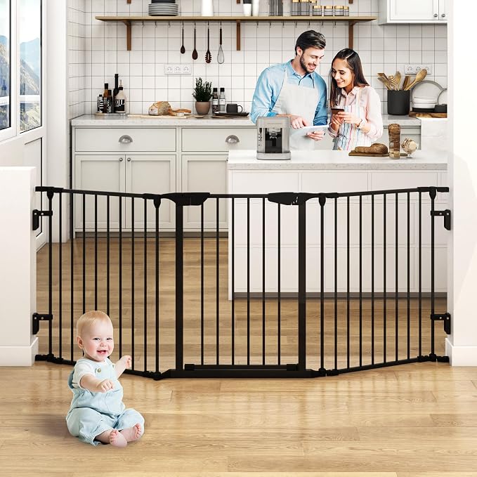 74" Wide Baby Gate Metal Safety Playpen - Fireplace Fence for Toddler/Pet/Dog, 3-Panel,30" H, Black