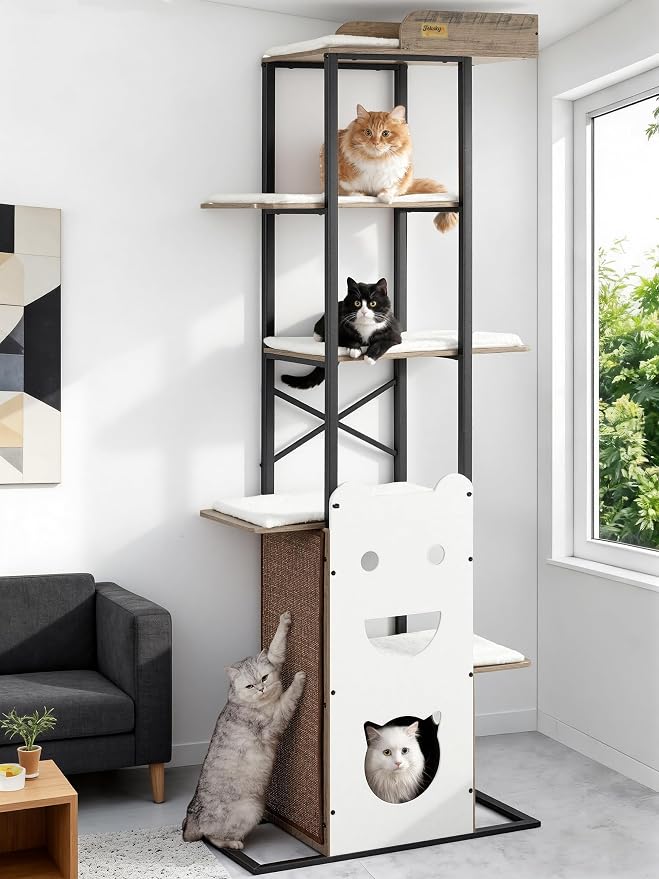 Wood Modern Cat Tree Tower, 84 Inch XL Tall Indoor Large Cat Condo | Heavy Duty XL Stable Wooden Cat Condo House Furniture with Multi-Level Spacious Perch Scratching Board Soft Washable Pads