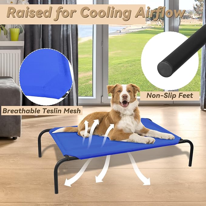 Elevated Dog Bed for Medium Dogs, Dog Cot Bed with Sturdy Steel Frame for Indoor & Outdoor Use, Non Slip, Easy to Clean, 43.5 Inches, Blue
