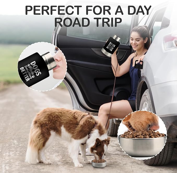 KEWIXY Insulated Dog Travel Water Bottle With Detachable Bowls, Ideal Gifts for Dog Lovers, Portable Water Bottle Dispenser, For Walking, Hiking, Camping, Outdoor (Black:Dogs Better, 32 Oz)