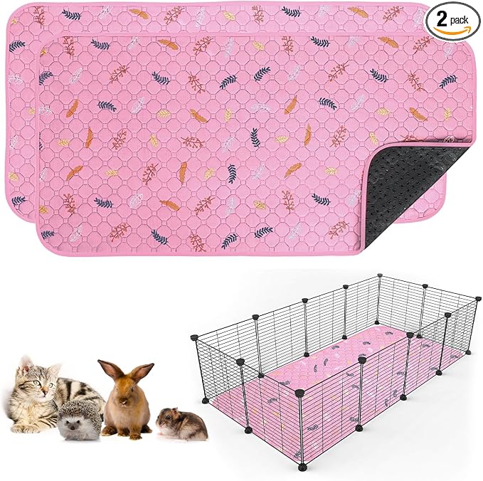 Sunheir 2 Pack Washable Guinea Pig Pee Pads, 24" x 48" Waterproof Reusable Guinea Pig Cage Liners, Absorbent Bedding Training Mat for Small Animal Guinea Pigs Rabbit Bunny Hamster - Pink