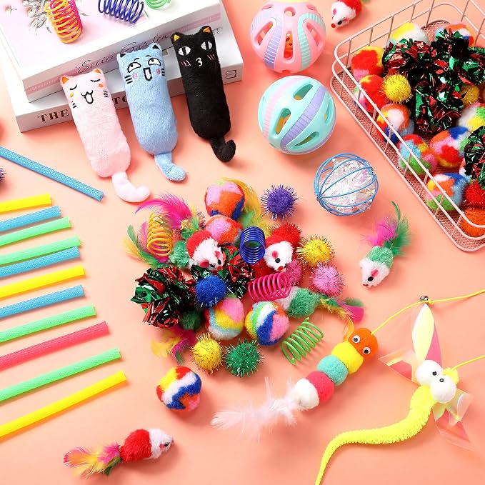 Shappy 150 Pcs Cat Toys for Indoor Cats Bulk, Kitten Toys Pack, Variety Interactive Gift Including Mice Rainbow Balls Spring Crinkle Balls Gift for Kitty Kitten Cat(Funny)