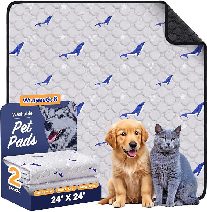 Washable Dog Pee Pads, Non-Slip Waterproof, 24 x 24 in, 2 Pack, Dolphin | Super absorbent, waterproof and non-slip; washable, reusable dog pads for crates, playpens, floors, furniture and travel