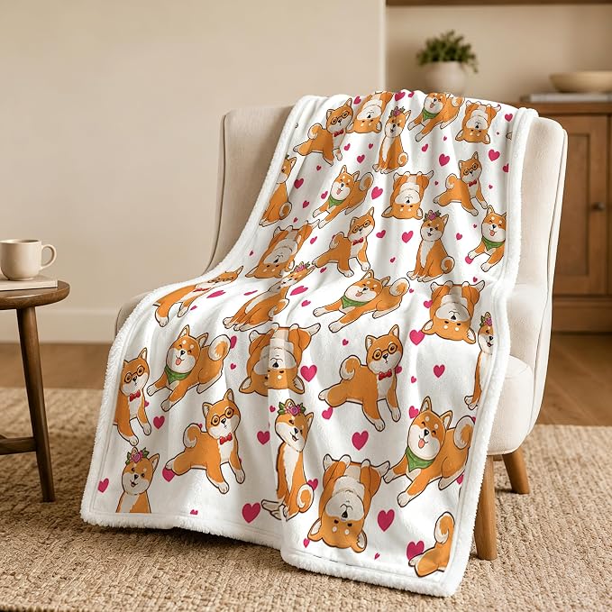 BlessLiving Shiba White Throw Blanket with Dense Dog Patterns Sherpa Fleece Blanket Couch Bed, Soft Cozy Warm Pet Blankets for Kawaii Puppy Lovers Pink Heart Cute Animal Print Gift 50x60 Inches