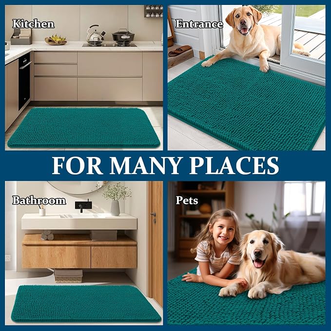 OLANLY Dog Door Mat for Muddy Paws 40x24, Super Absorbent Chenille Mud Mat | Lake Blue, Absorbs Moisture and Dirt, Non-Slip Machine Washable Doormat, Quick-Drying Indoor Entryway Floor Carpet for Dogs