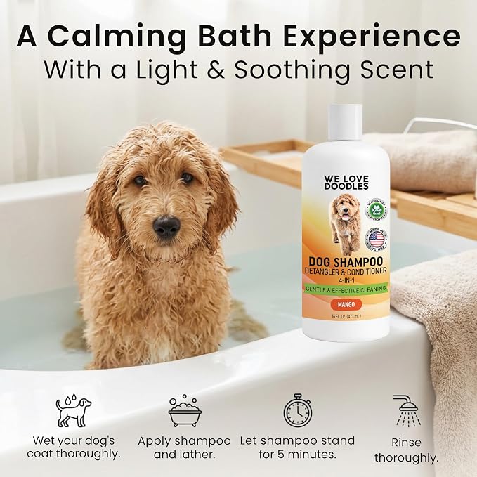 Dog Shampoo & Dog Detangler Spray, Tearless, Dog Bath Supplies, Mango 16 oz | Best Shampoo, Detangling & Dematting Spray for Dogs, For Sensitive Itchy Skin, Tangle Remover, Goldendoodle, Poodle & Doodle