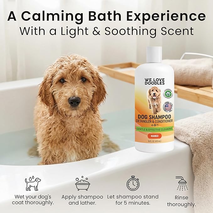 Dog Shampoo, Conditioner & Detangler, Hypoallergenic, Tearless, Mango, 16OZ | For Sensitive Itchy Skin, Best Shampoo For Smelly Dogs, Goldendoodle, Poodle & Doodle, Puppy Pet Wash Soap, USA Made, 4-in-1