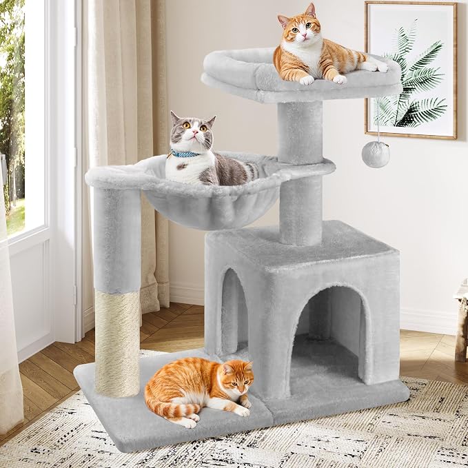 Allewie 29.5in Indoor Cat Tree, Multi-Level Cat Tower with Sisal Scratching Posts, Padded Perch, Basket, Condo, and Hanging Ball, Suitable for Kittens and Adult Felines, Grey
