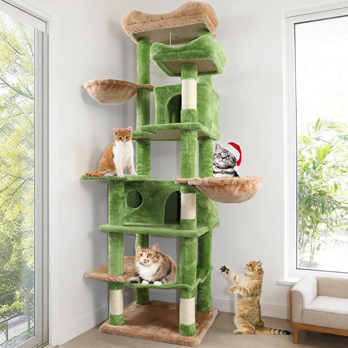 68 Inches Multi-Level Large and Tall Cat Tree Tower for Indoor Cats/Removable Pad/Cat Condo/Sisal Scratching Posts/Hammock/Cat Activity Center/Wide Base Green