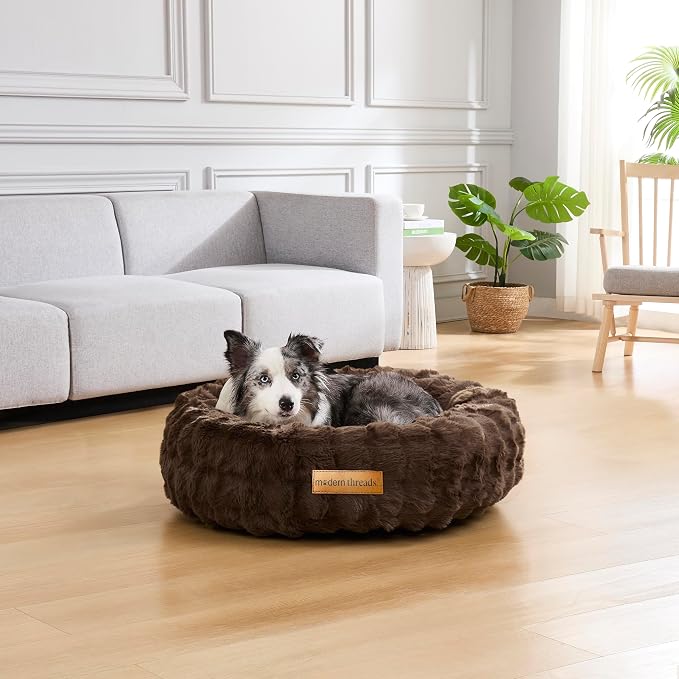 Modern Threads Calming Donut Dog Bed for Medium Dogs, Plush Round Faux Fur Pet Bed with Raised Bolster, Soft Washable Dog Bed, 30x30x9, Chocolate Brown