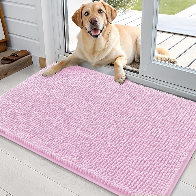 OLANLY Dog Door Mat for Muddy Paws 35x24, Super Absorbent Chenille Mud Mat | Pink, Absorbs Moisture and Dirt, Non-Slip Machine Washable Doormat, Quick-Drying Indoor Entryway Floor Carpet for Dogs