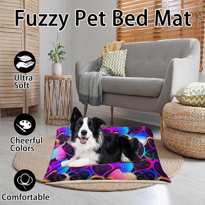 HOSIMA Multicolor Heart Pattern Pet Bed Mat,Fuzzy Crate Pads for Dog Cages,Washable Soft Cozy Sleeping Mat,Plush Black Pad Suitable for Medium Dog Bed,38L*32W Inch,Colorful.