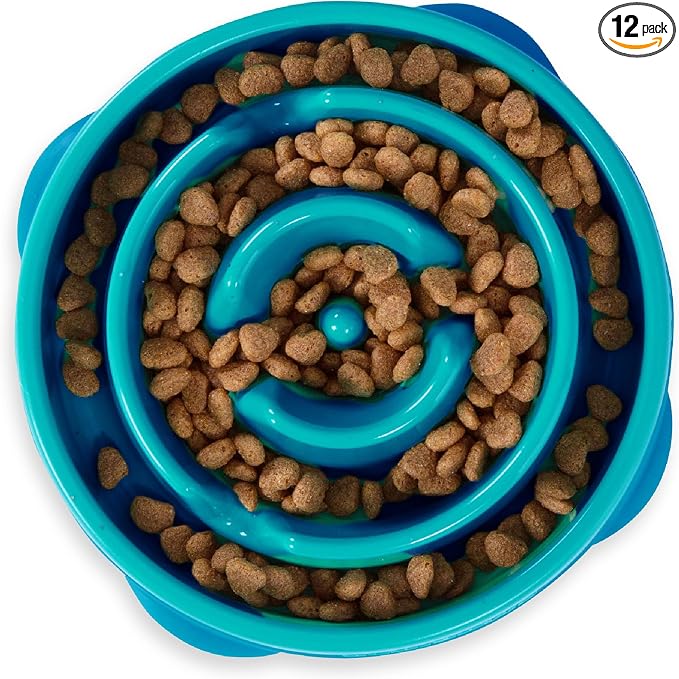 Outward Hound Fun Feeder Slo Bowl – Medium 2‑Cup Capacity,Slow Feeding,Small to Medium Dogs & Cats,Non-Slip,Turquoise,Drop Pattern,(Pack of 12)