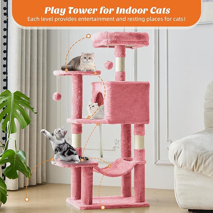 DUMOS 44 Inch Cat Tree Tower with Natural Sisal Scratching Posts | Small Cat Tree with Hammock, Pet Condo for Indoor Cats and Kittens Play, Pink