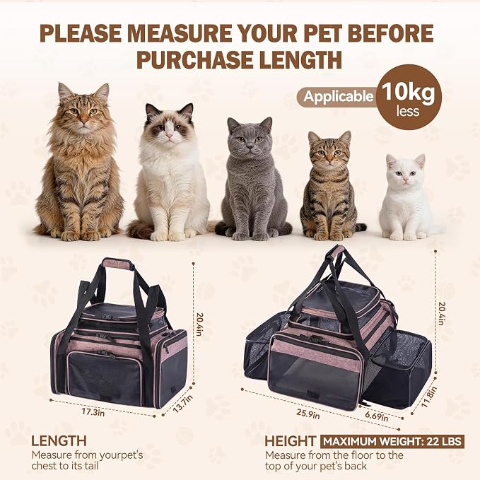 Cat Carrier Soft Sided, Expandable Pet Carrier for Medium Small Pets, Collapsible Travel Carrier with Hard Shell, 360° Panoramic Mesh
