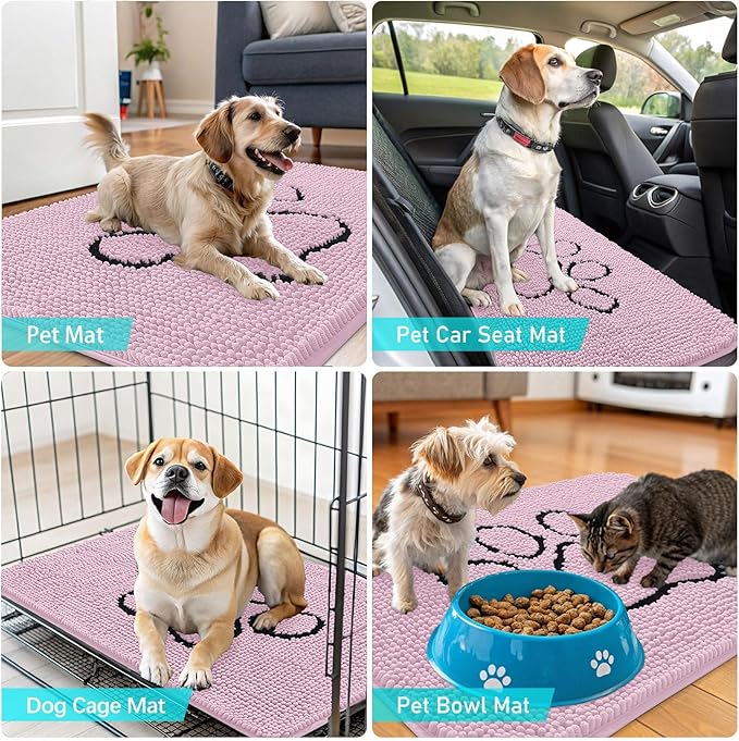 OLANLY Dog Door Mat for Muddy Paws 36x24, Paw Print Design Chenille Mud Mat | Dusty Rose, Absorbent, Traps Moisture and Dirt, Non-Slip Washable Doormat, Quick-Drying Indoor Entryway Floor Carpet for Dogs