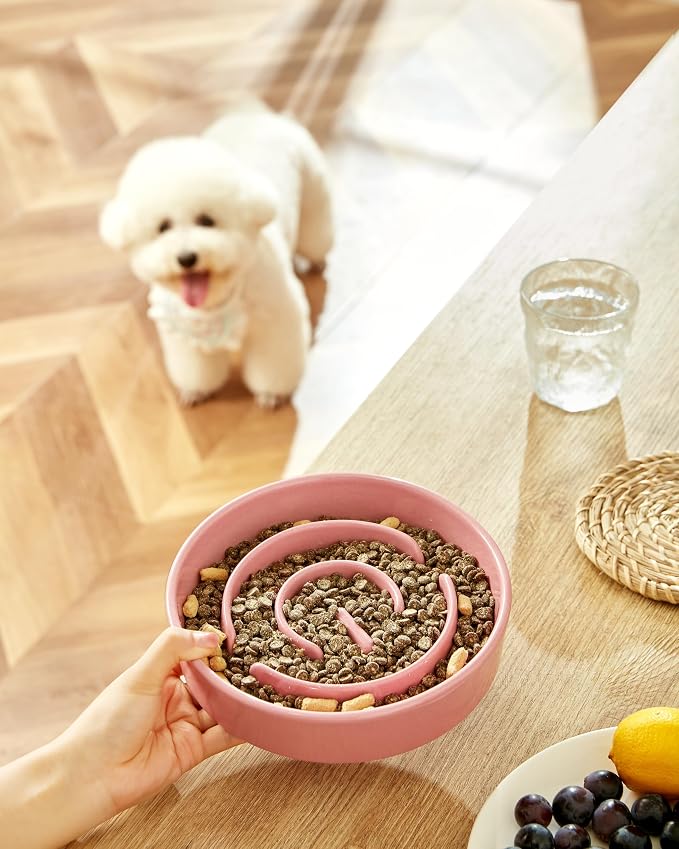 Ceramic Slow Feeder Dog Bowls, 2.0 Cups Slow Feeder for Medium Dogs, Puzzle Maze Bowl to Slow Down Eating, 30oz, 8in, Pink