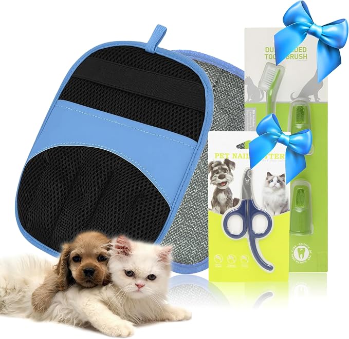 Premium 3-in-1 Pet Grooming Kit - Electrostatic Pet Hair Removal Glove with Safety Nail Scissors & Dual-Ended Toothbrush Set - Gentle Deshedding Mitt for Dogs, Cats & Furniture - All-in-One Care Pack