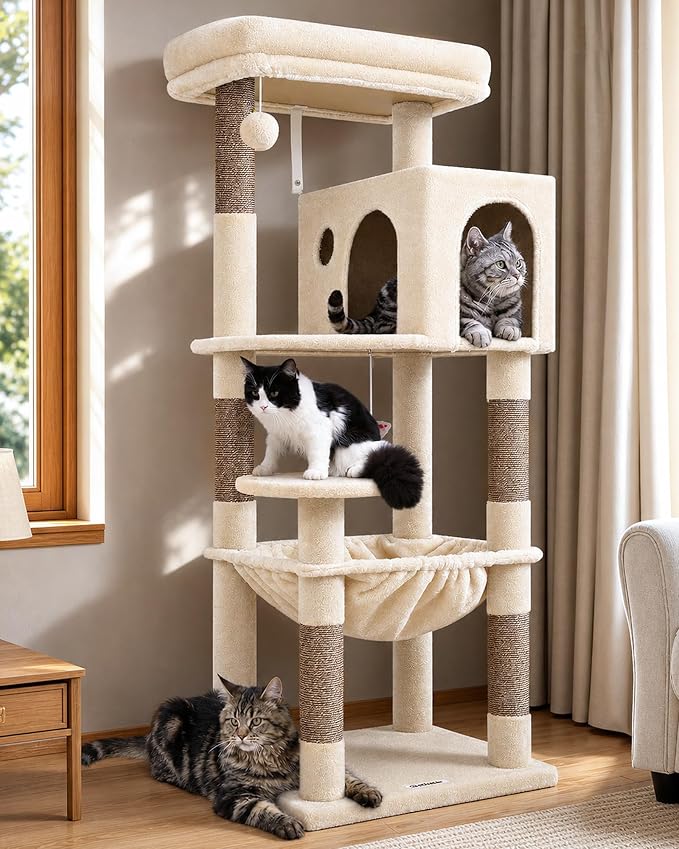 Globlazer Cat Tree Tower with Scratching Post for Indoor Cats, 53inch Tall Plush Multi-Level Cat Climbing Tower Condo House with Large Hammock, Spacious Cat Cave, Big Padded Top Perch Bed, F53, Beige