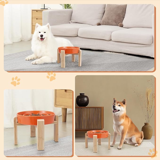 Elevated Slow Feeder Dog Bowl Large Breed, 8.8 Inch Ceramic Slow Eating Bowl with Bamboo Stand, Anti-Choking Raised Maze Design for Medium to Large Dogs, 3.2 Cup, Orange