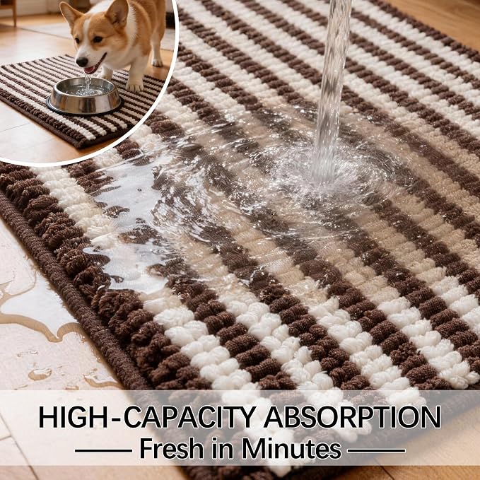 Dog Door Mat for Muddy Paws - Absorbent Quick-Dry Non-Slip Washable Chenille Pet Rug, Indoor Entryway Mat for Front Door & Crate (Brown, 30" L*18" W)