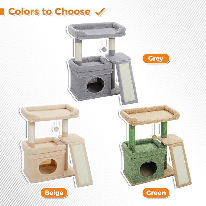 PEQULTI Cat Tree for Small Medium Cats, Gray Cat Tower for Indoor Cats | Gray aesthetic cat furniture with soft perch, private condo, natural sisal scratch post for indoor small medium kittens