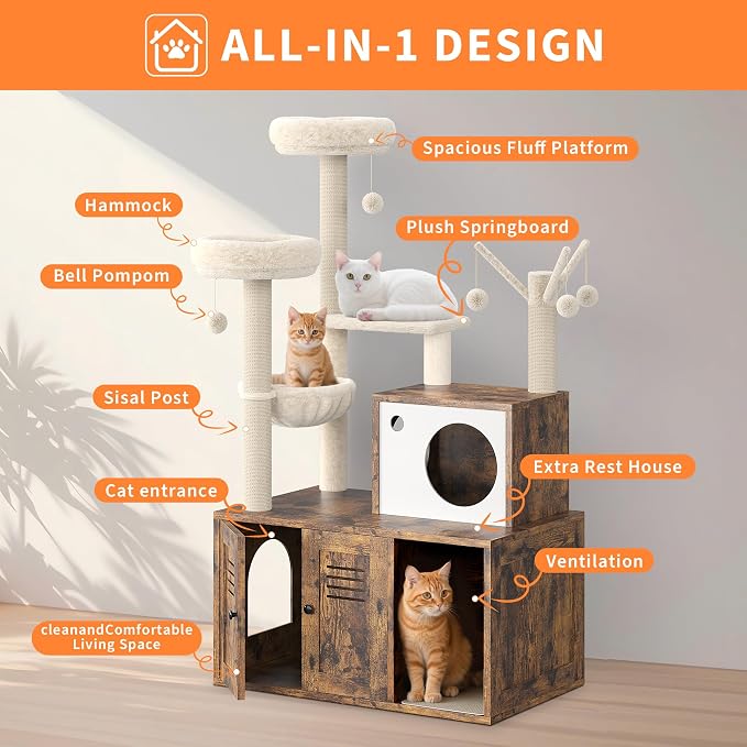 Modern Cat Tree with Hidden Litter Box Cabinet, Multi-Level Cat Condo with Scratching Posts, Perches, Hammock & Basket for Indoor Cats, Brown Wood Finish