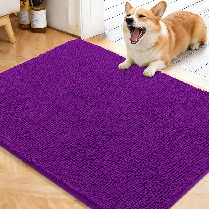 OLANLY Dog Door Mat for Muddy Paws 40x32, Super Absorbent Chenille Mud Mat | Purple, Absorbs Moisture and Dirt, Non-Slip Machine Washable Doormat, Quick-Drying Indoor Entryway Floor Carpet for Dogs