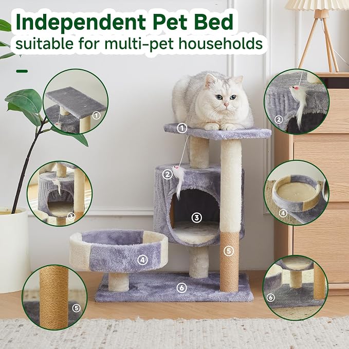 Cat Tree with Condo, Perch, and Scratching Posts, Gray and Beige, Multi-Level Tower with Hanging Toy