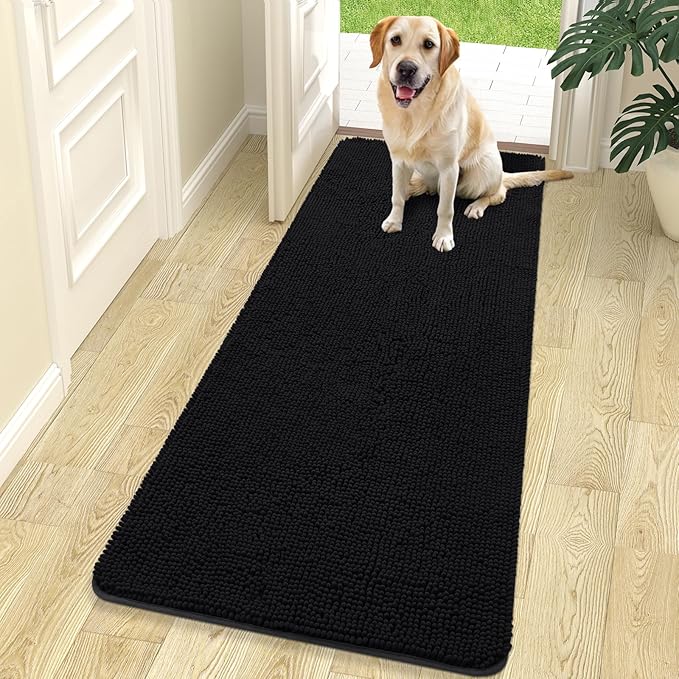 OLANLY Dog Door Mat for Muddy Paws 70x24, Super Absorbent Chenille Mud Mat | Black, Absorbs Moisture and Dirt, Non-Slip Machine Washable Doormat, Quick-Drying Indoor Entryway Floor Carpet for Dogs