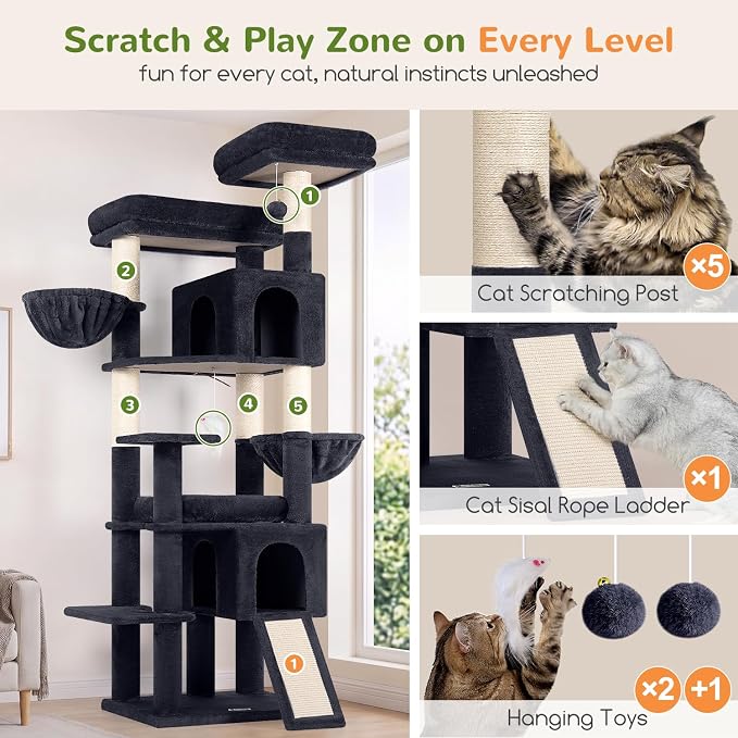 Globlazer Tall Cat Tree for Indoor Large Cats, 75 inch, F75C, Dark Grey | Multi-Level Cat Tower, 2 Large Platforms, 2 Oversized Cat Condos, 5 Scratching Posts, Scratching Board, Removable Pet Bed