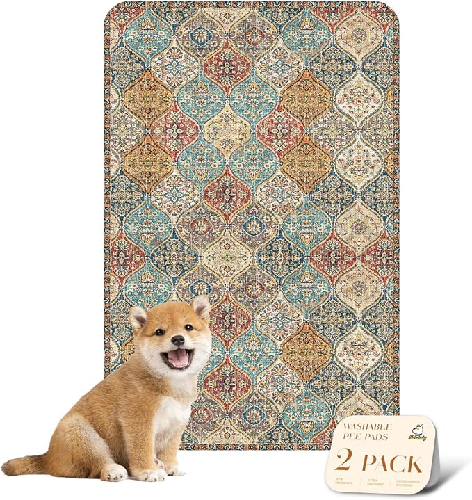 nunubaby Washable Pee Pads for Dogs, Stylish, Non-Slip and Leak-Proof Pee Pads. Reusable Potty Pads for Dogs for Crates and Floors.(Beige/Multi, 24" x36" )