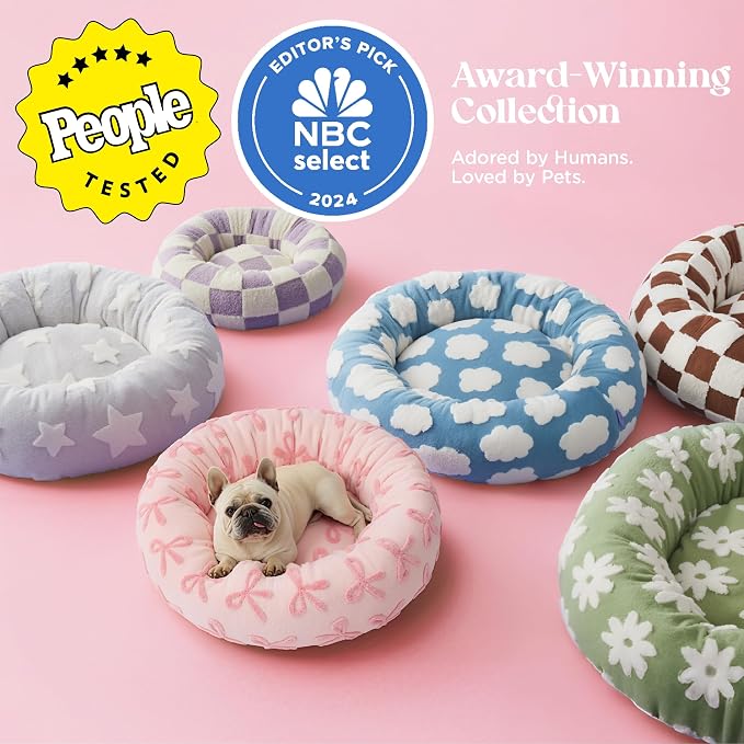 LE SURE Shown on TVDonut Small Dog Bed - Round Cat Bed for Indoor Cats Anti-Anxiety Calming Gift for Pets, Washable Cute Modern Beds with Jacquard Shaggy Plush & Anti Slip Bottom, 23 Inch, Pink Taffy
