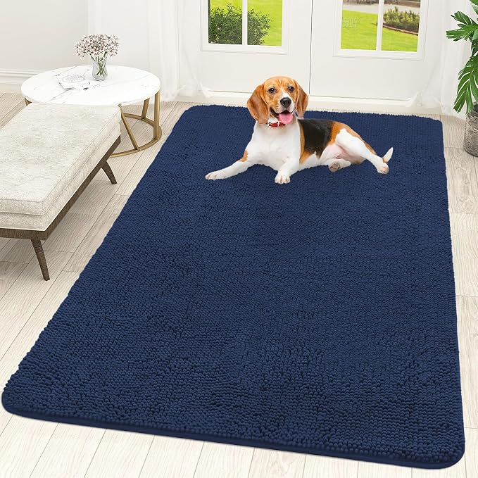 OLANLY Dog Door Mat for Muddy Paws 59x35, Super Absorbent Chenille Mud Mat | Dark Blue, Absorbs Moisture and Dirt, Non-Slip Machine Washable Doormat, Quick-Drying Indoor Entryway Floor Carpet for Dogs