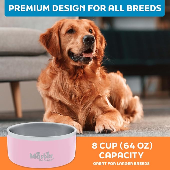 Master Pet Supply Stainless Steel Dog Bowls - 64 oz, Heavy Duty - Rose Quartz, Double Wall Extra-Thick Insulated, Non-Slip Pet Water Bowl for Dogs, Cats & Pets, Anti Rust Metal, Dish Washer Safe