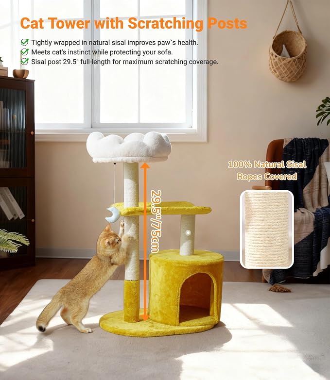 33" Cloud Cat Tree Tower, Cozy Bed & Large Condo for All Cats | 33" Multi-Level Cat Tower, Scratching Posts, Viewing Perch & Toys, Stable Structure, Padded Bed, 13.7"x11.8" Cat Condo