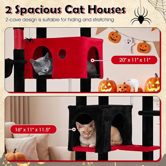 75-inch Gothic Cat Tree, Multi-Level Black Cat Tower | | Robust Scratching Posts | 2 Dual-Entry Comfy Cat Condo | Rotatable Side Baskets Bed | Spider-Shaped Hanging Toy | Hammock |