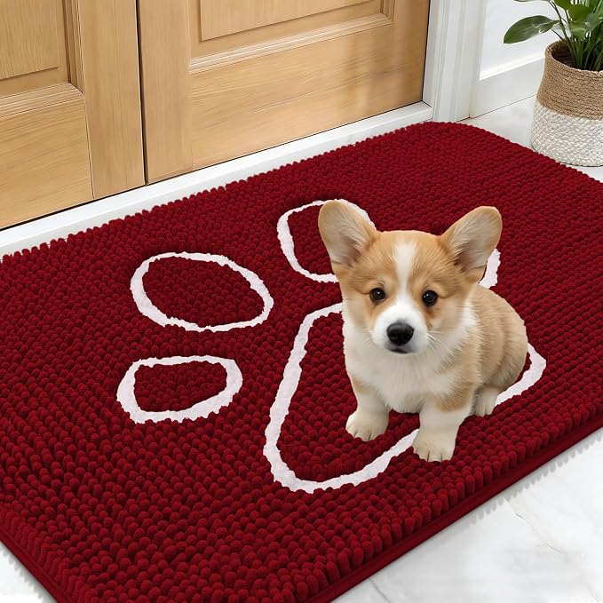 OLANLY Dog Door Mat for Muddy Paws 24x16, Paw Print Design Chenille Mud Mat | Red, Super Absorbent, Traps Moisture and Dirt, Non-Slip Washable Doormat, Quick-Drying Indoor Entryway Floor Carpet for Dogs