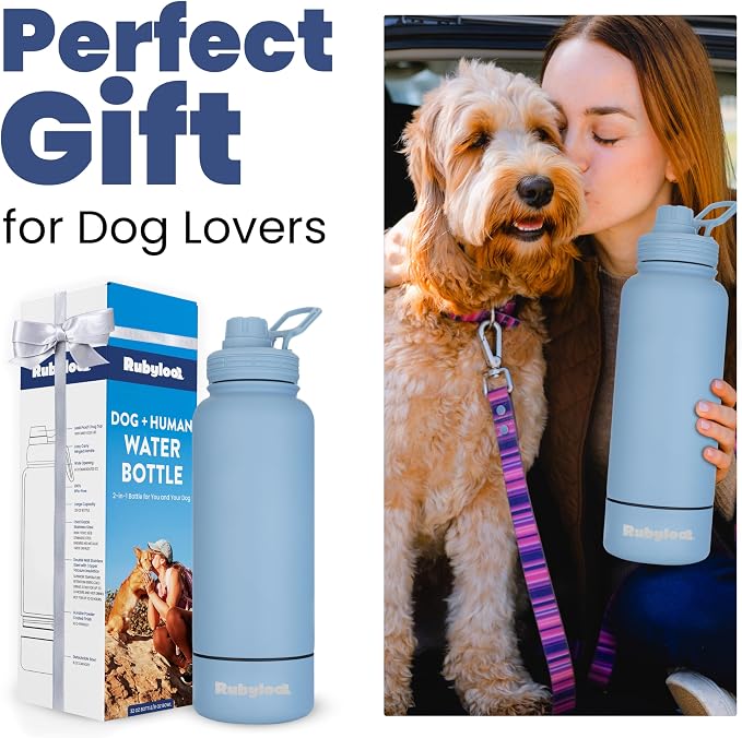 Dog Water Bottle for Dog Lovers - 32 oz Stainless Steel Double Wall Insulated Water Bottle with 8 oz Detachable Bowl on Bottom for Doggy Lovers for Hiking, Walks, Travel - Dusty Blue