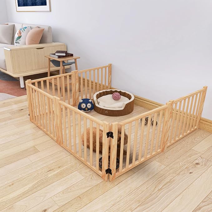YOCAN Non-Painted Wooden Freestanding Dog Gates for The House,Doorways, Stairs,Wood Dog Fences Indoor Pet Gate,Step Over Fence-6 Panel H:16.9" L:138"