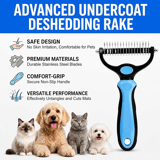 2-in-1 Double-Sided Pet Grooming Comb for Dogs & Cats - Deshedding Brush & Rounded-Tooth Dematting Tool | Painlessly Removes Knots, Tangles, Loose Undercoat & Fur in Thick/Long Coats (Blue-Large*2)