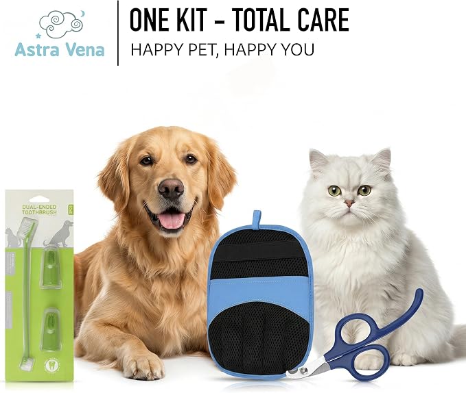Premium 3-in-1 Pet Grooming Kit - Electrostatic Pet Hair Removal Glove with Safety Nail Scissors & Dual-Ended Toothbrush Set - Gentle Deshedding Mitt for Dogs, Cats & Furniture - All-in-One Care Pack