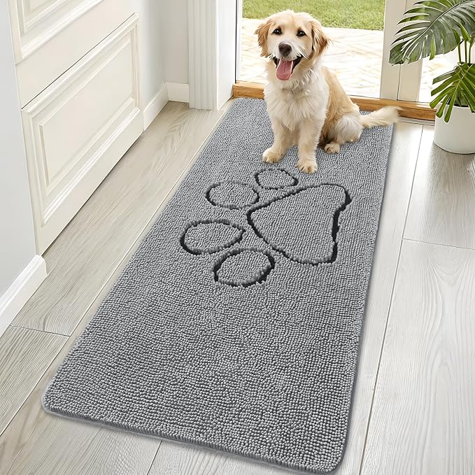 OLANLY Dog Door Mat for Muddy Paws 70x35, Paw Print Design Chenille Mud Mat | Grey, Super Absorbent, Traps Moisture and Dirt, Non-Slip Washable Doormat, Quick-Drying Indoor Entryway Floor Carpet for Dogs