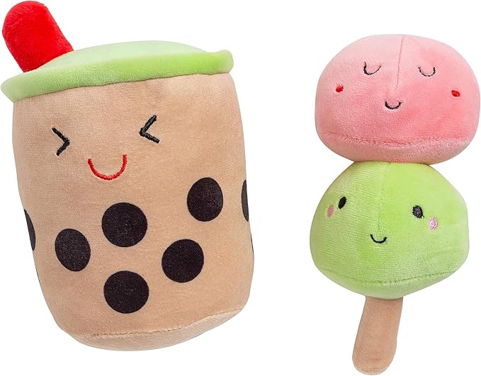 Pearhead Boba Tea and Mochi Plush Dog Toys, Novelty Fun Pet Toy Set, Durable Stuffed Toy for Interactive Play, Bubble Tea Themed Pet Supplies, Set of 3 Toys