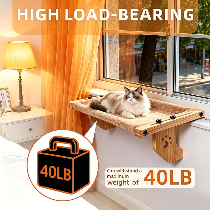 ESPETS Wooden Cat Window Bed for Large Cats, Khaki Cat Window Perch Hammock | Solid Wood Window Large Perch, Sturdy Large Size Shelves, Soft Thick Removable Cushion, Easy Assemble Adjustable, Hold 40LBS