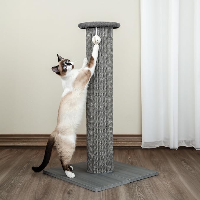 Kitty City Tall Sisal Cat Scratching Post, 32” Durable Scratcher with Sturdy Base & Hanging Jingle Toy, Easy Assembly, Furniture Protection for Indoor Cats - Gray