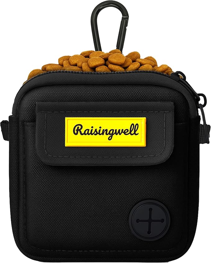 Raisingwell Dog Treat Pouch for Pet Walking and Training with Clicker, Poop Bags, and Three Bags Design Small Fanny Zipper Pack Holder for Puppy Snack Dispenser Kit for Leash and Outdoor Use (Black)
