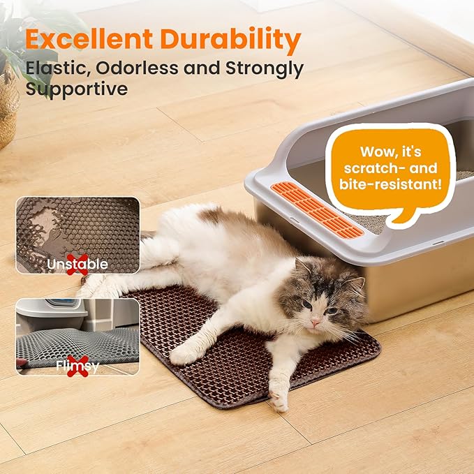 Small Cat Litter Mat, Double Layer Honeycomb Litter Box Mat | 20x14”, Reduces Litter Tracking, Waterproof, Non-Slip, Soft on Paws, Scratch Resistant, Easy to Clean, Brown