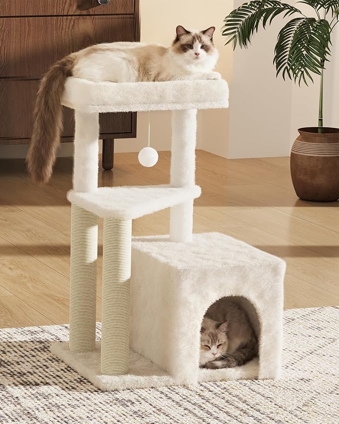Cat Tree Tower for Indoor Cats, 33 Inches Multi-Level Cat Condo with Scratching Posts, Large Perch, Hanging Toy for Large Adult Cats, Beige