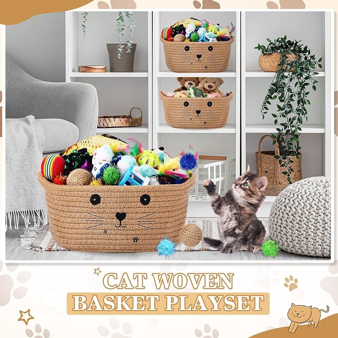 Zopeal 58 Pcs Summer Cat Storage Basket Gift Toys Set, Colorful Flashing Balls Pet Bell Crinkle Balls Spring Toys Attract Cat to Swat, Hunt, Interactive for Pet(Khaki,9.8 Inch)